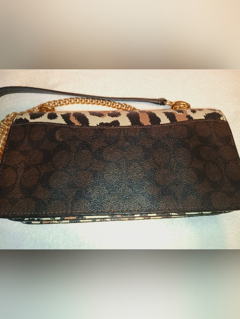 COACH Klare Envelope Leopard Print Leather Chain Shoulder Bag in Tan and Brown - Picture 6 of 10